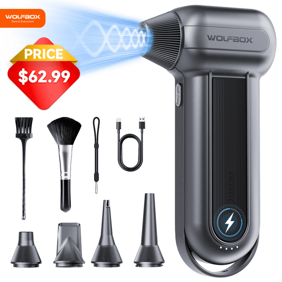 WolfBox Cordless Compressed Air Duster and Mini Vacuum, 150000RPM Rechargeable Electric Air Blower for Keyboard, Car and PC Cleaning, Black