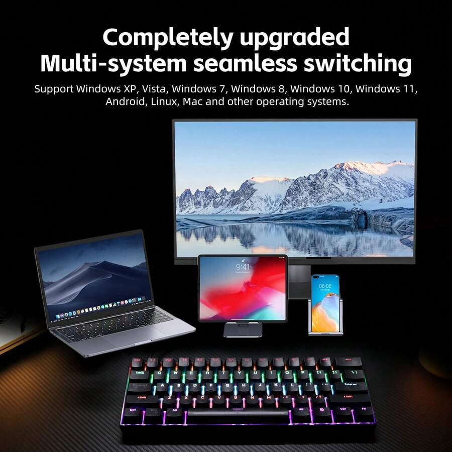 KL61 Wired 60% Mechanical Gaming Keyboard RGB Backlit 61 Keys Ultra-Compact With Hot Swappable Blue/Red Switch