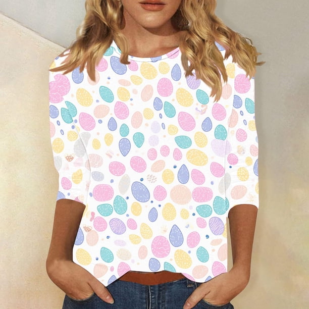 TaTaai 3/4 Sleeve Easter Top for Women Printed Round Neck Casual Loose Fit T Shirt Fashion Pullover Soft Stretchy Comfortable Blouse for Spring Daily Party Gift