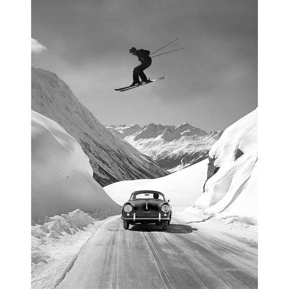 Skier Jumping Over Vintage Porsche Black and White Photography Art - Unique Wall Decor and Gift for Skiing and Car Lovers - Vintage Porsche Memorabilia (Unframed Print Poster, 16 x 20)