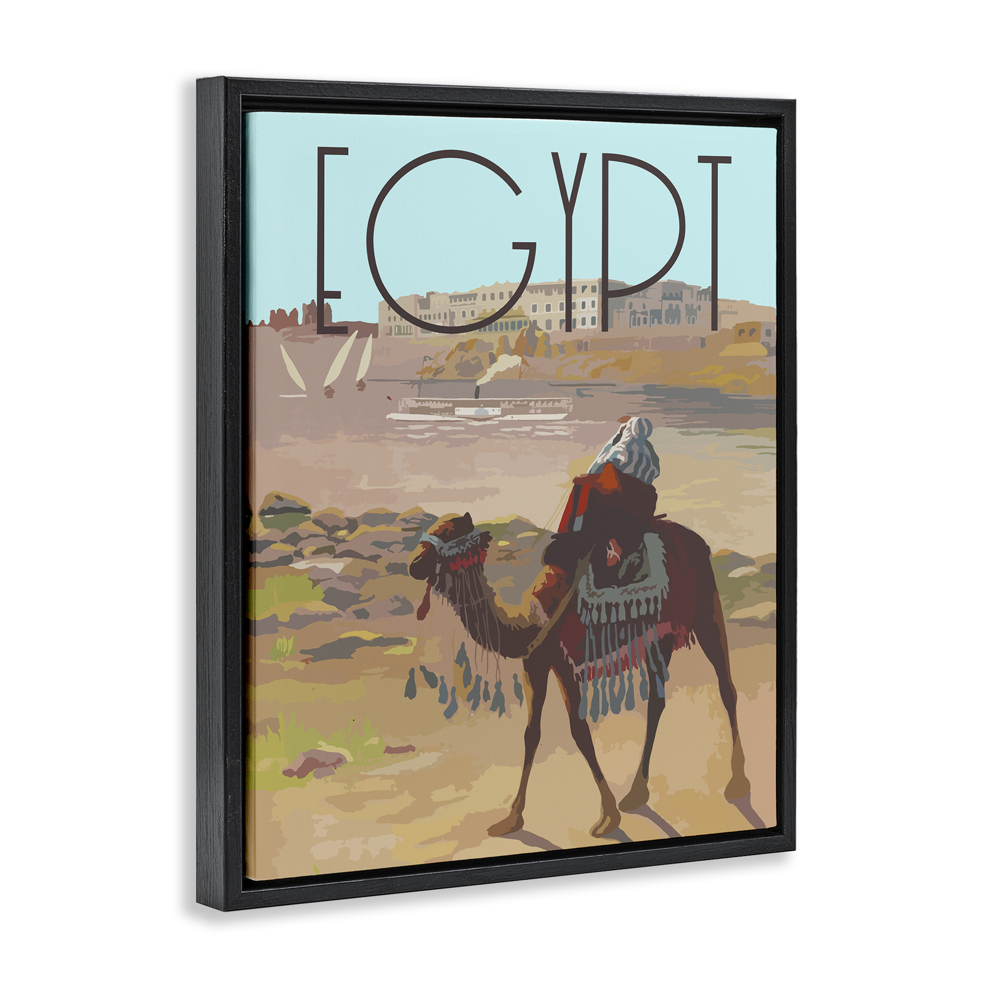 Stupell Industries Egypt Camel Scene Landscape & Nature Painting Black Floater Framed Canvas Art Print Wall Art, 17 x 21