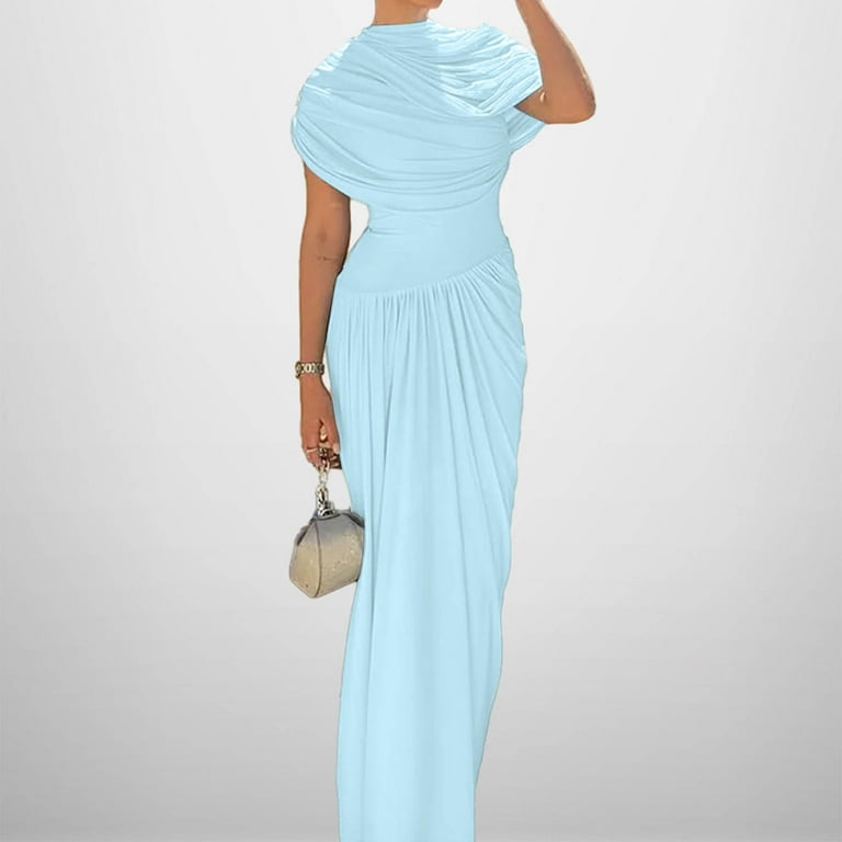 navy blue dress for baby girl Plus Size Foil Leaf Short Sleeve Gown with Draped Details in Light Blue Gold
