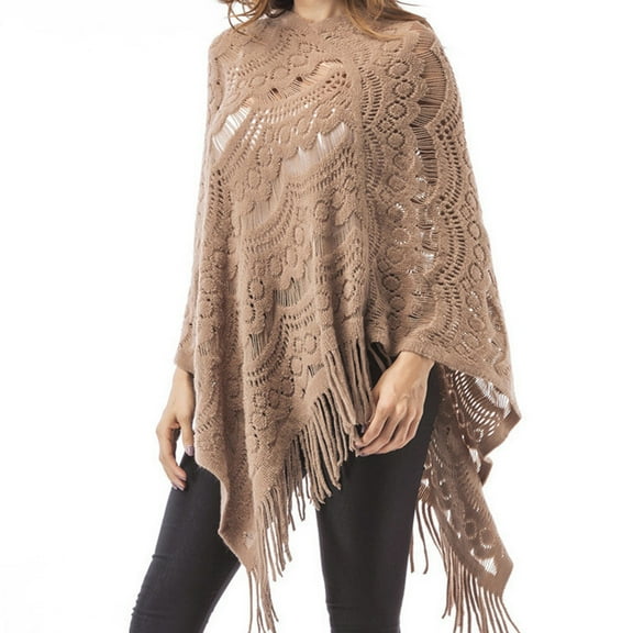 Women Autumn Hollow Out Crochet Batwing Sweater Cape Pullover Knitted Shawl Scarf Solid Color Fringe Tassels Hem Asymmetric Poncho Wrap
