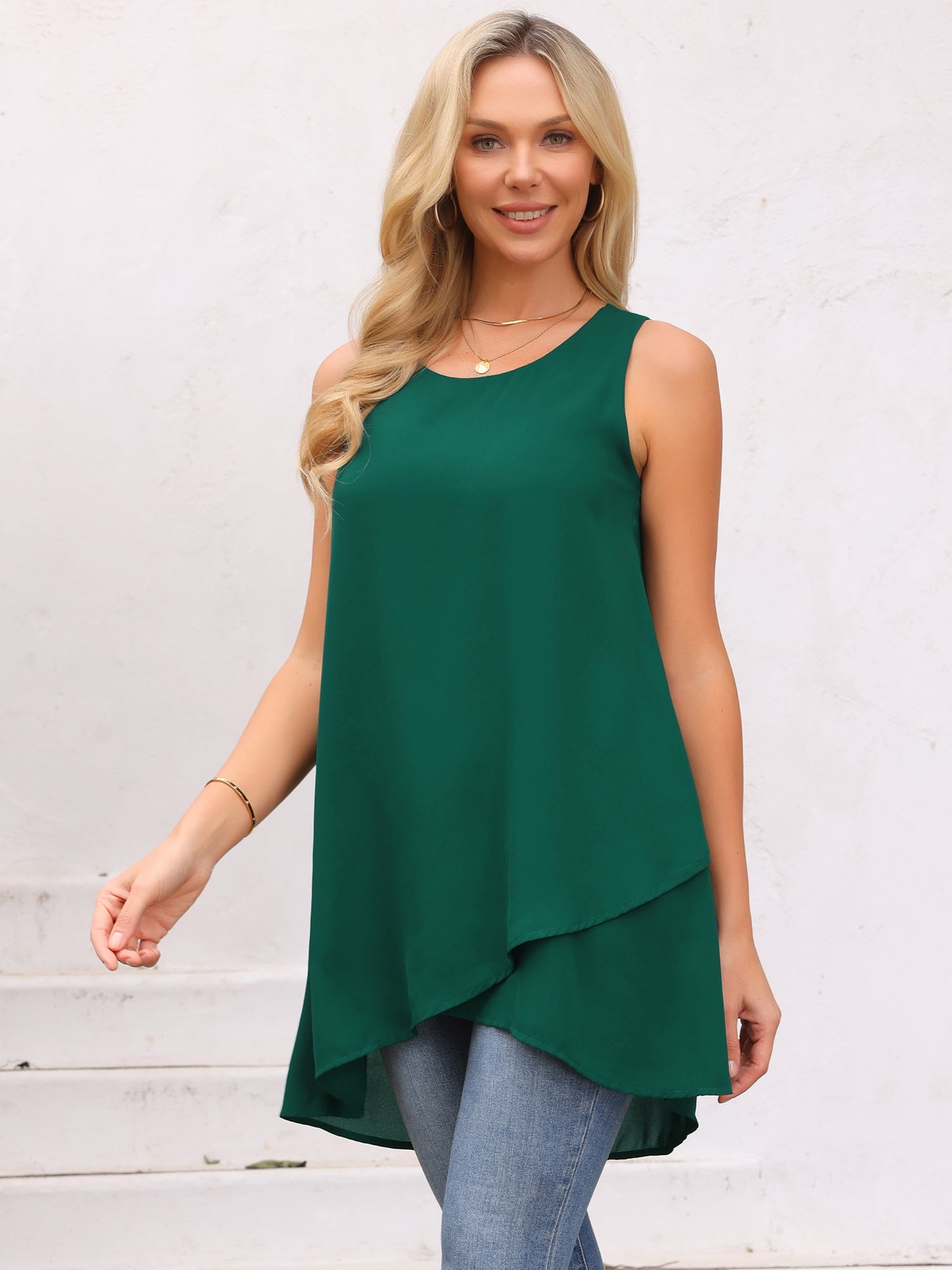 DARING DIVA Women's High Low Casual Sleeveless Chiffon Blouse Asymmetrical XL Dark Green