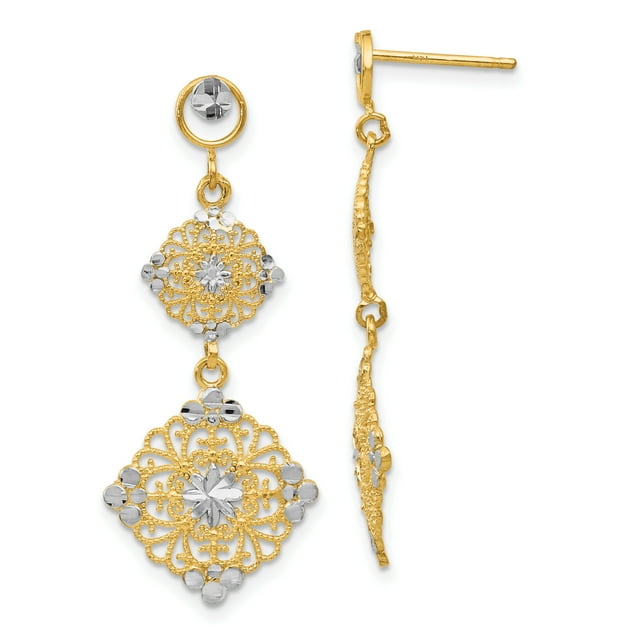 14k Yellow Gold Diamond Cut Filigree Dangle Earrings Drop