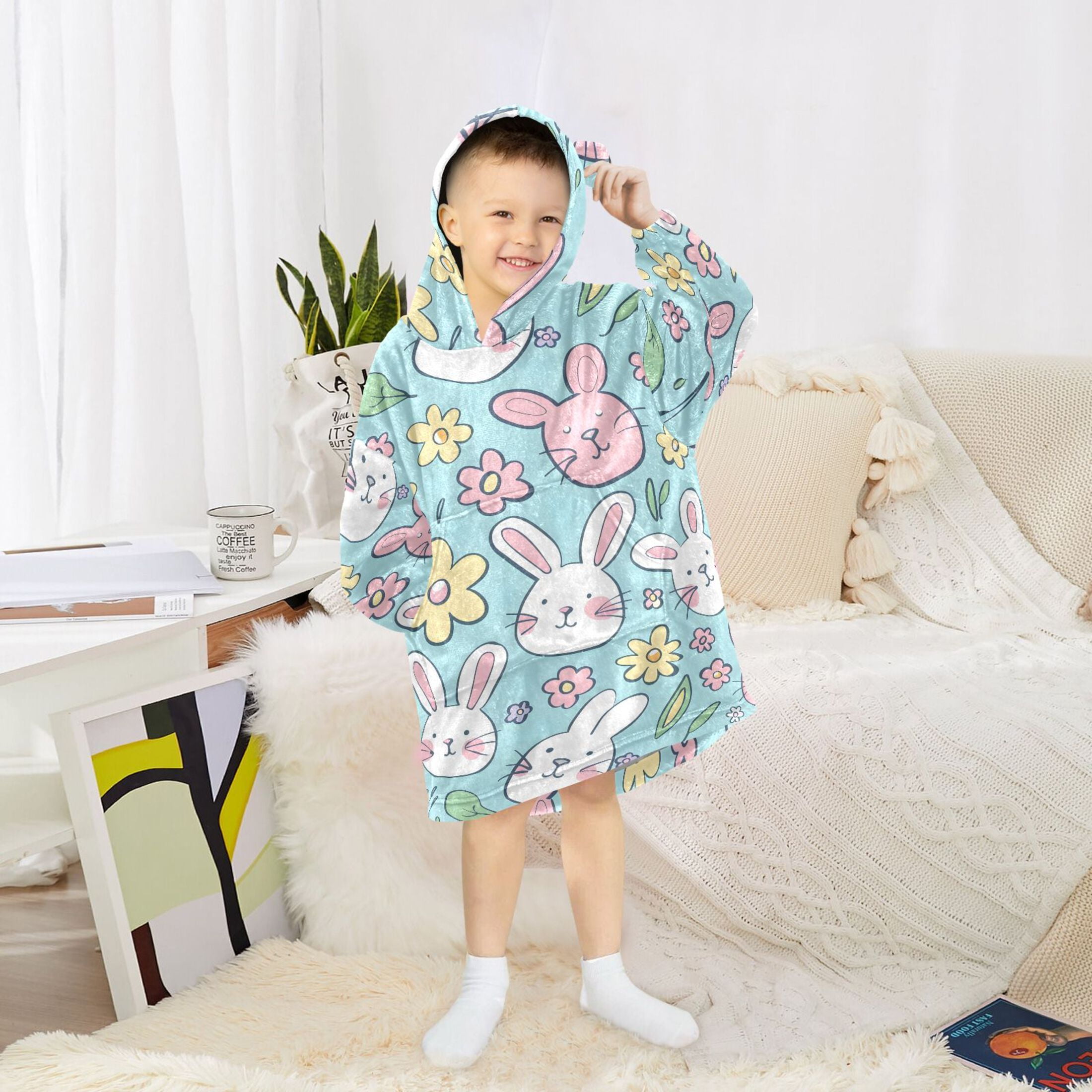 Dailycode Wearable Blanket Hoodie Oversized Sherpa Flannel Blankets with Pocket for 3-14 Year Old Bunny Rabbit and Daisy Flower