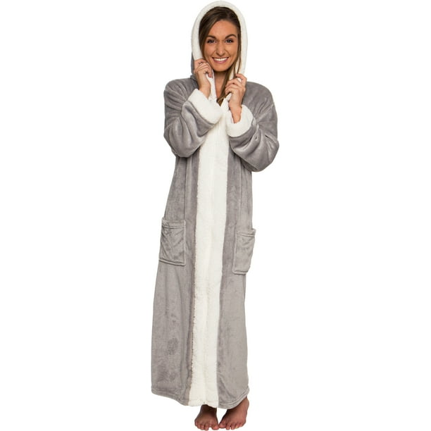 Silver Lilly Womens Zippered Sherpa Trim Fleece Robe With Hood Warm Plush Luxury Bathrobe 