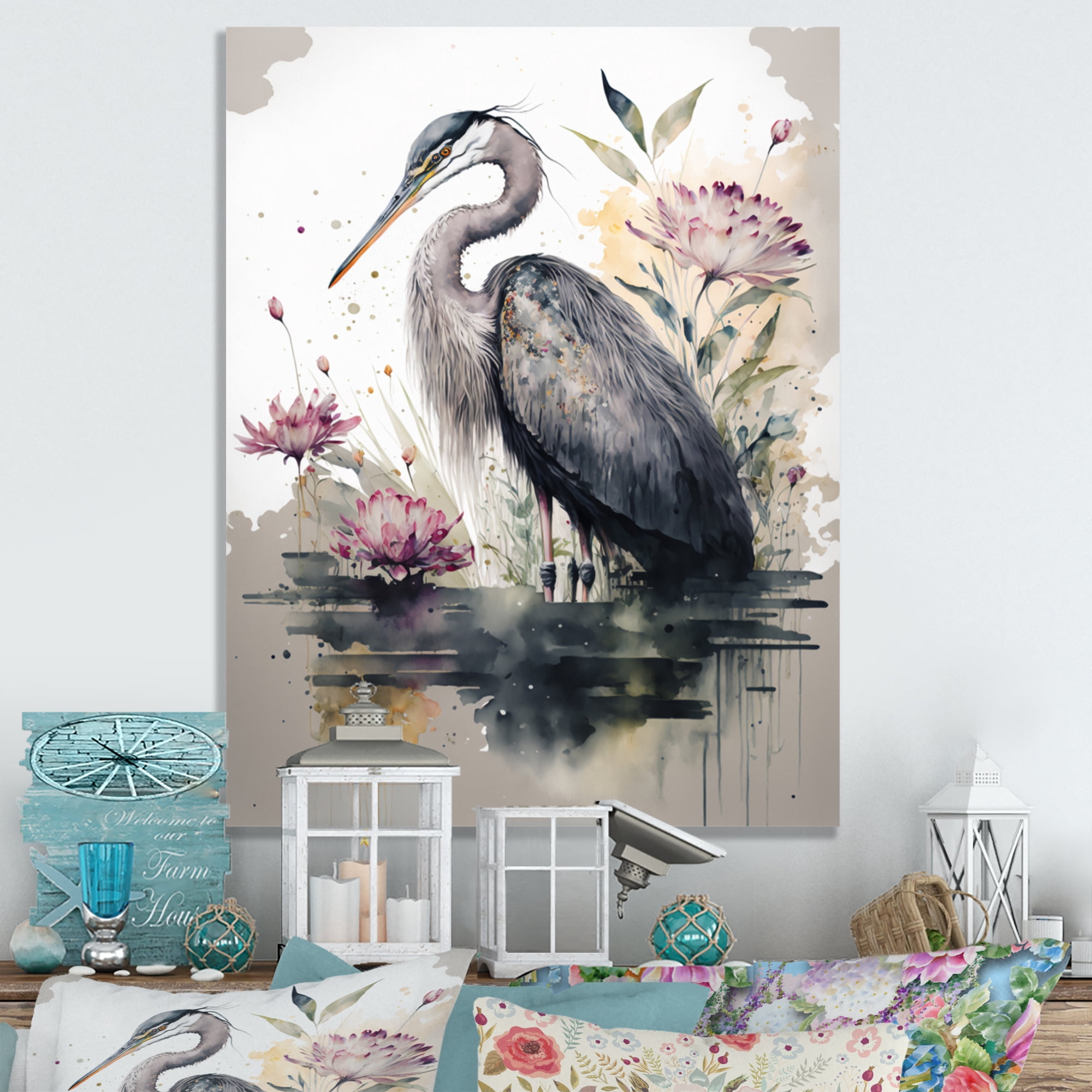 Designart Cute Heron Floral Art III Canvas Wall Art