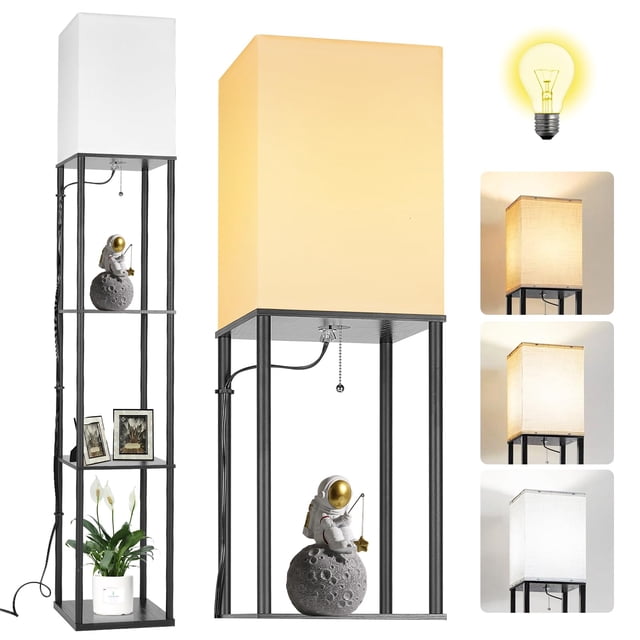 CAILESER Lámpara de Pie con Estantes, Moderna Lampara Alta de Piso para Sala, con Bombilla LED, Llámpara de Estantería Eesquina con Pantalla, para Sala de Estar, Rec&a