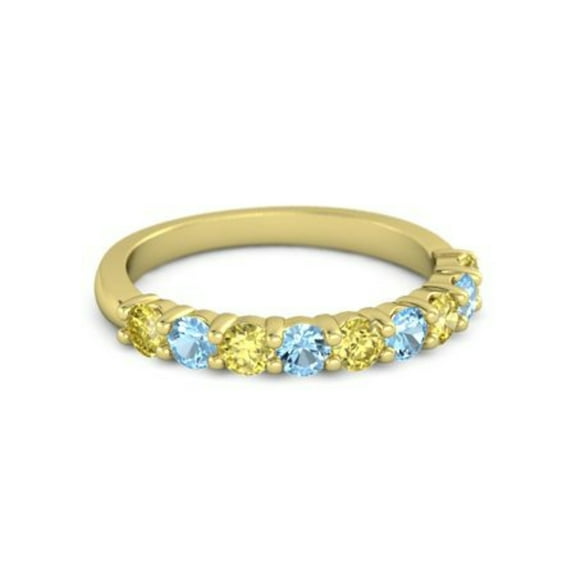 925 Silver Round 2.5MM Yellow Tourmaline Blue Topaz Eternity Yellow Plated Ring