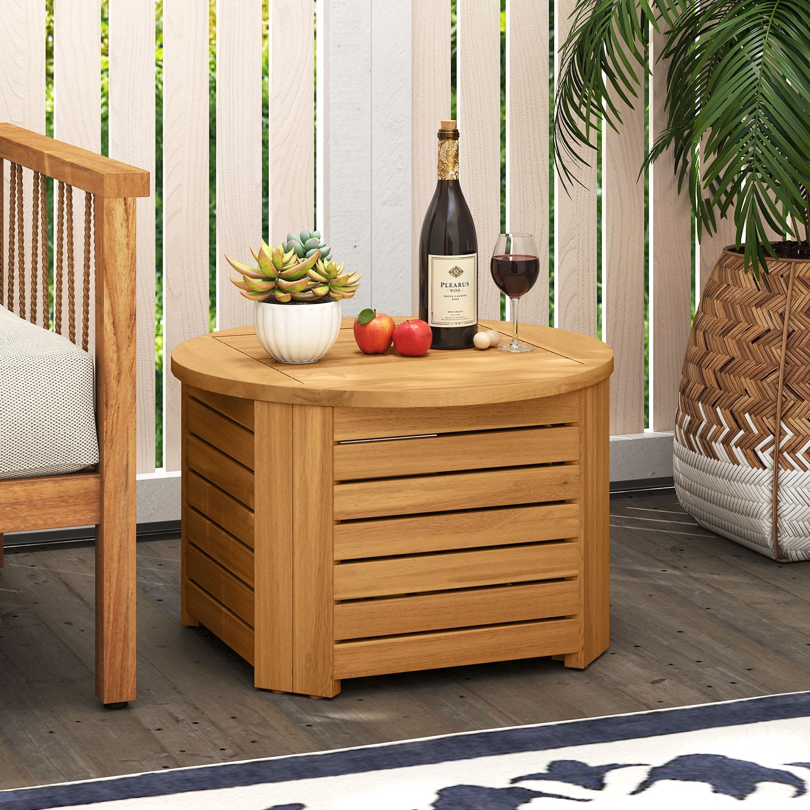 Gymax 2-in-1 Outdoor Side Table w/Storage Umbrella Hole & Removable Base for Backyard