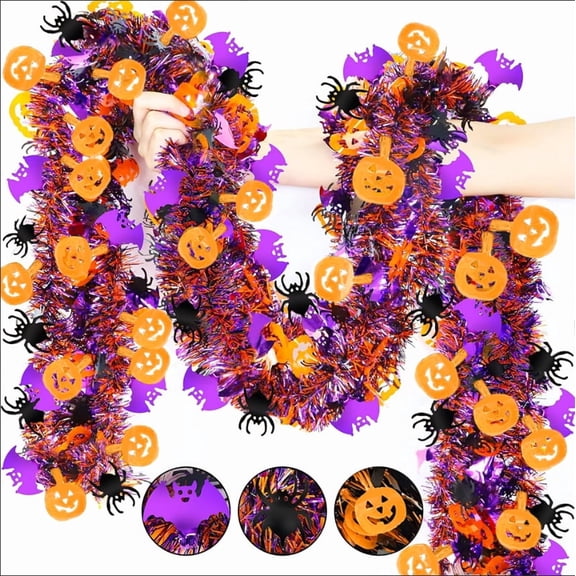 6.66 FT Halloween Tinsel Garland, Orange Purple Tinsel with Pumpkin Spider Bat Cutouts, Halloween Garland for Party Indoor Outdoor Home Decor