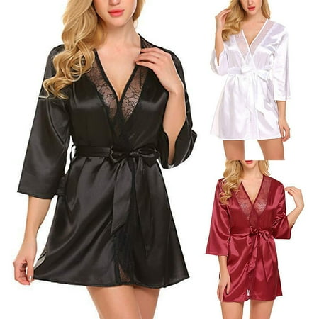 

Fusipu Women Solid Color Sexy V Neck 3/4 Sleeve Lace Stitching Belt Loose Nightgown