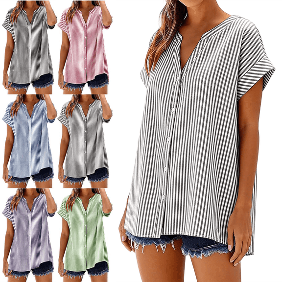 Womens Striped Button Down Shirts Oversized Short Sleeve V Neck Tops Summer Everyday Womens Linen Shirts S-2XL