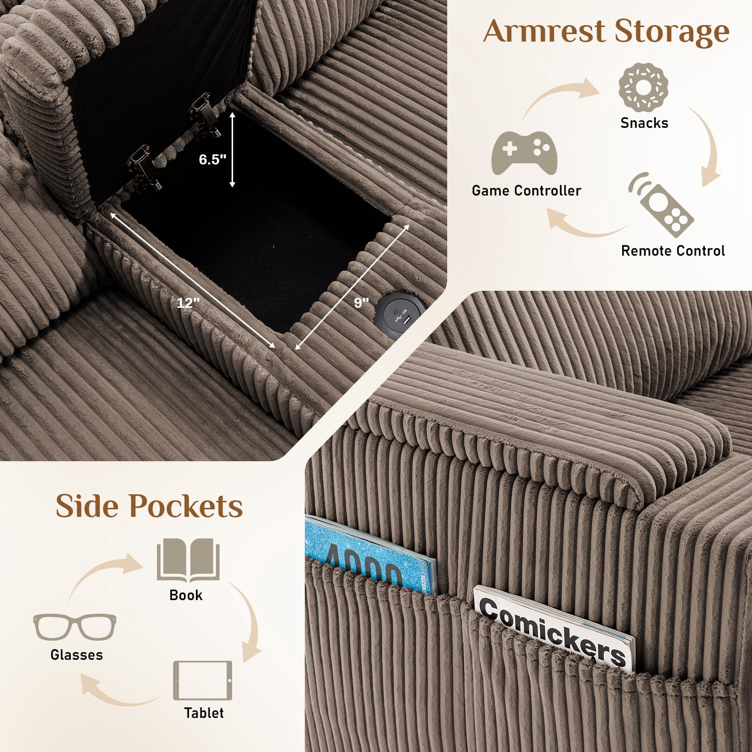 Wiilayok 153" Oversized U-Shaped Cloud Couch Sectional with Modular Design for Living Room: Comfy Corduroy, Ottoman, USB Port, Cup Holder, Armrest Storage, Side Pocket, Brown