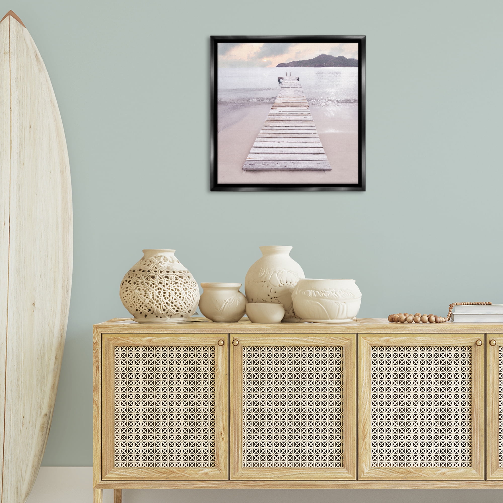 Stupell Industries Zen Beach Dock Landscape Painting Black Floater Framed Canvas Art Print Wall Art, 25 x 25