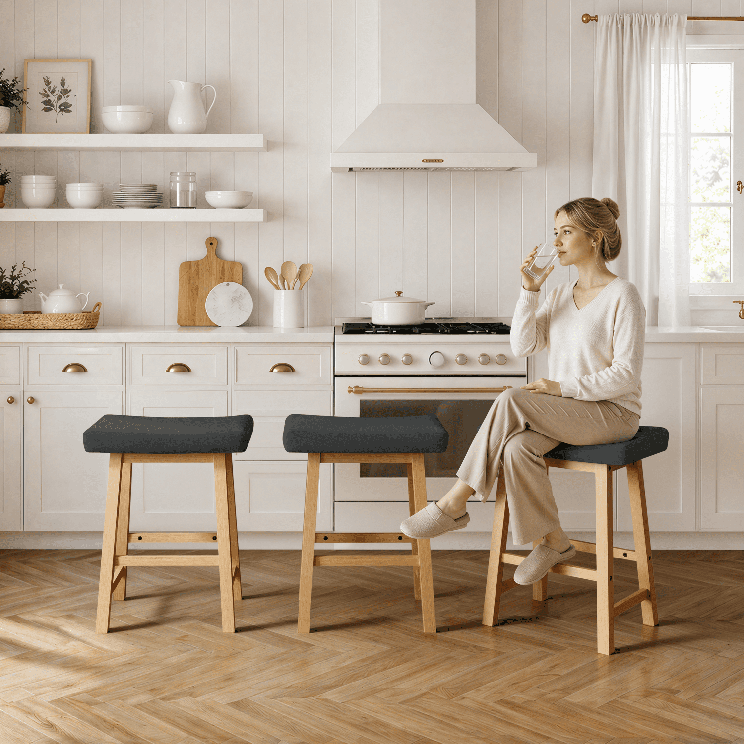 Alden Design Set of 3 Backless Saddle Stools with Upholstered Seat Cushion, Dark Grey