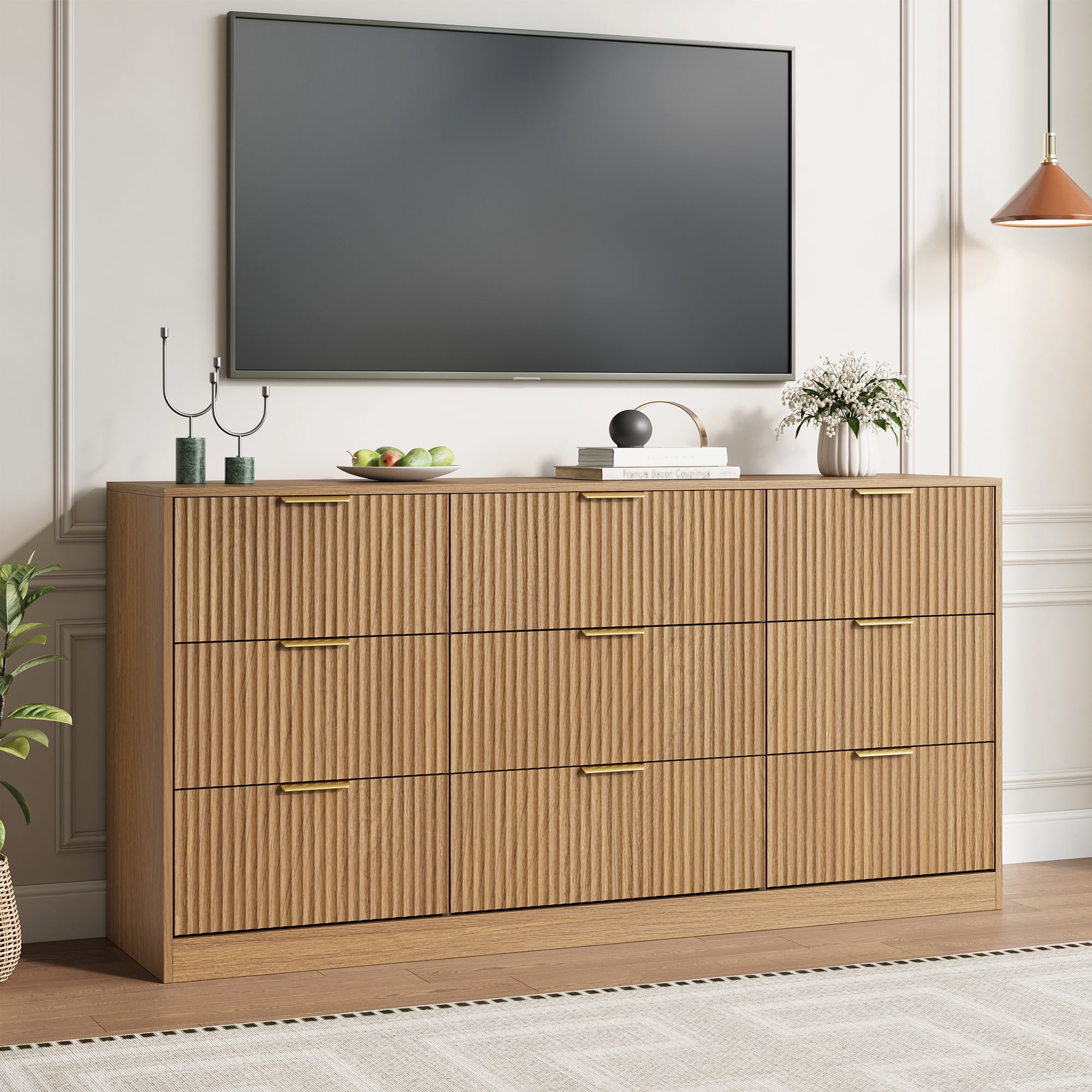 YouTrend Burlywood 9 Drawer Dresser for Bedroom,Modern Adult Fluted Wood Chest of Drawer with Golden Embedded Handles for Living Room,Hallway