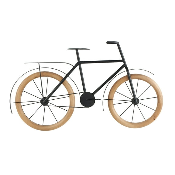 DecMode Black Metal Bike Wall Decor with Brown Wooden Wheels