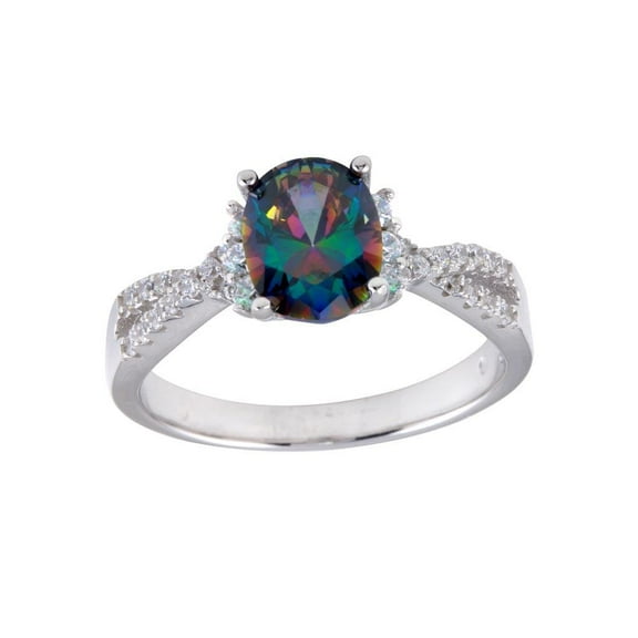 Rhodium Plated 925 Sterling Silver Solitaire Mystic Simulated Topaz Band Ring Black CZ Female Size 6