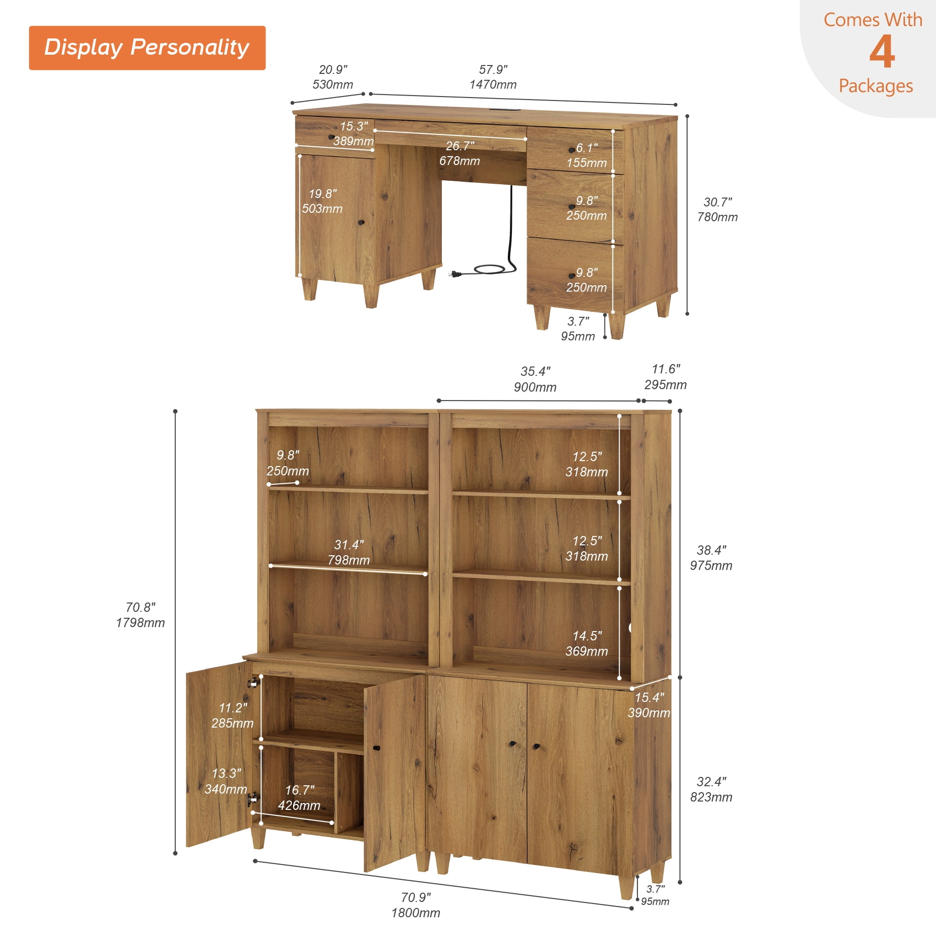 WAMPAT Home Office Furniture Set, 58" Executive Desk with Charging Station and Cabinet, 2-Column 71" Tall Bookcase with Doors and Adjustable Shelves for Living Room, Dark Brown Wood
