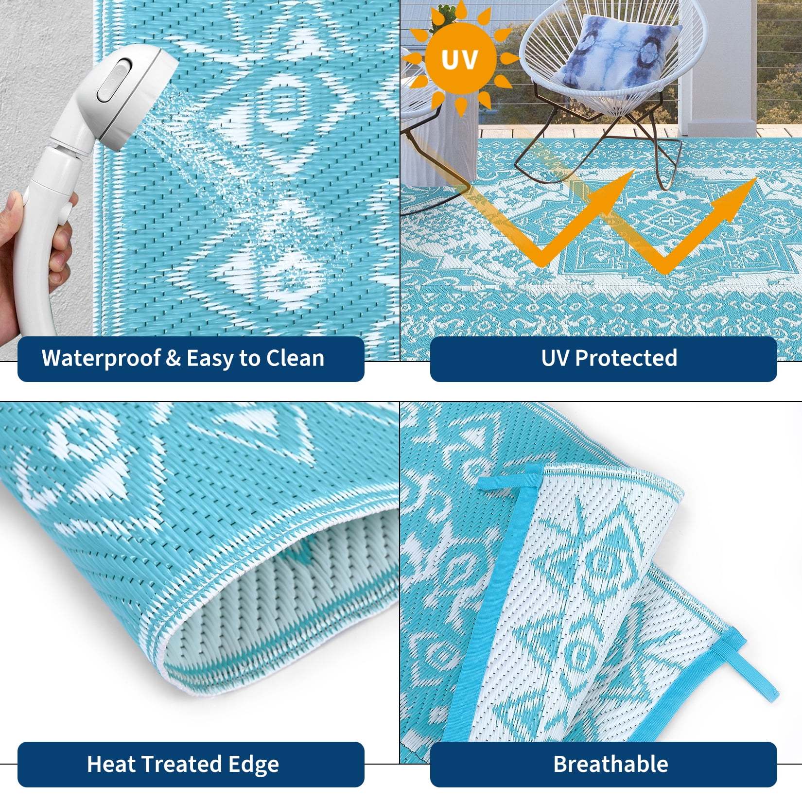 JoanKaren Waterproof Outdoor Rug,8'x10' Reversible Patio Mat,Outside Plastic Grass Mat Straw Rug Backyard Floor Mat for Picnic RV Camping Porch Balcony,Light Blue & White