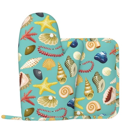 

Oven Mitts and Pot Holders Sets Conch Shells Print No.9020 Non-Slip Silicone Oven Gloves Potholders Cotton Lining Heat Resistant Gloves Hot Pads for Kitchen Cooking Baking