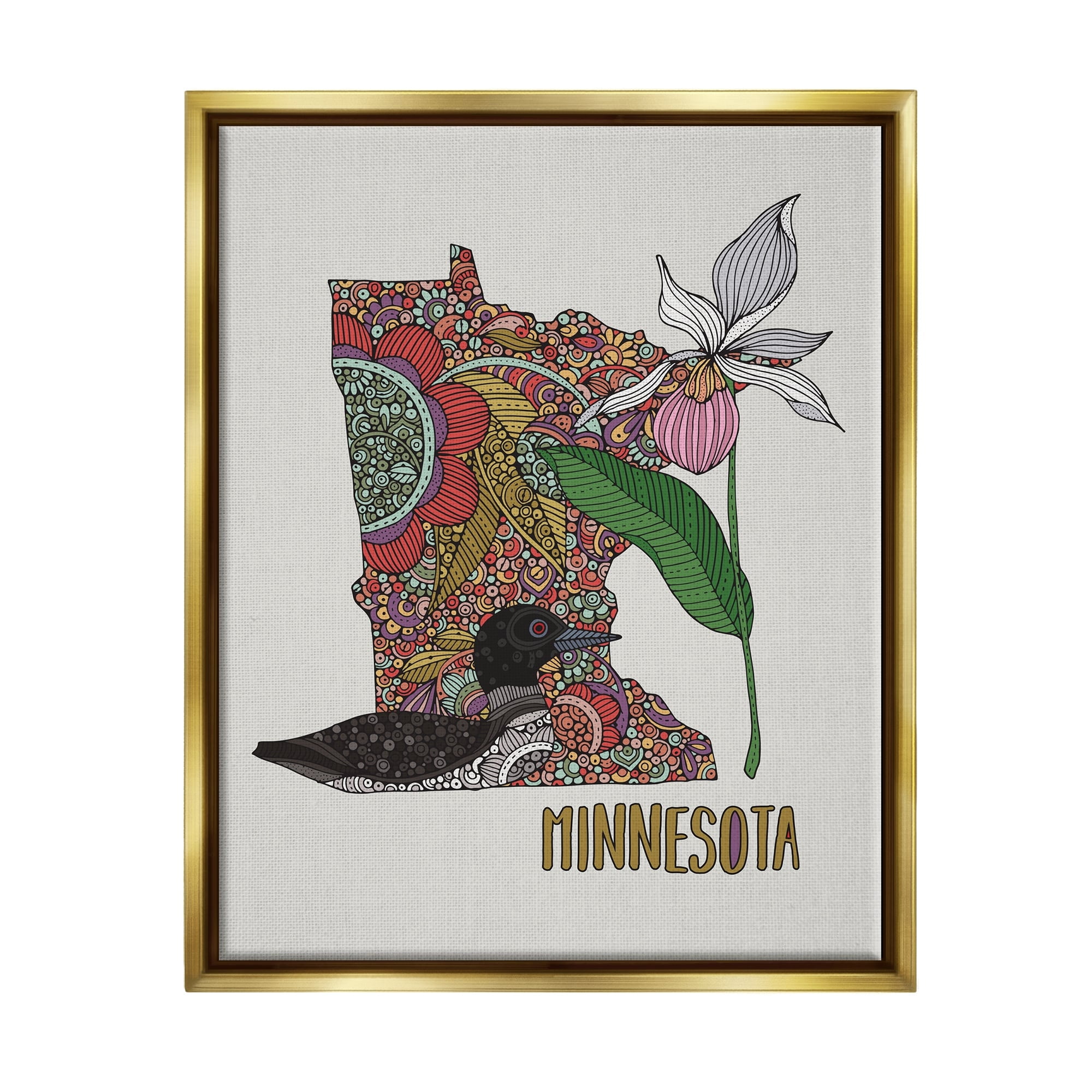 Stupell Industries Minnesota State Loon Bird Intricate Blooming Flowers Graphic Art Metallic Gold Floating Framed Canvas Print Wall Art, Design by Valentina Harper