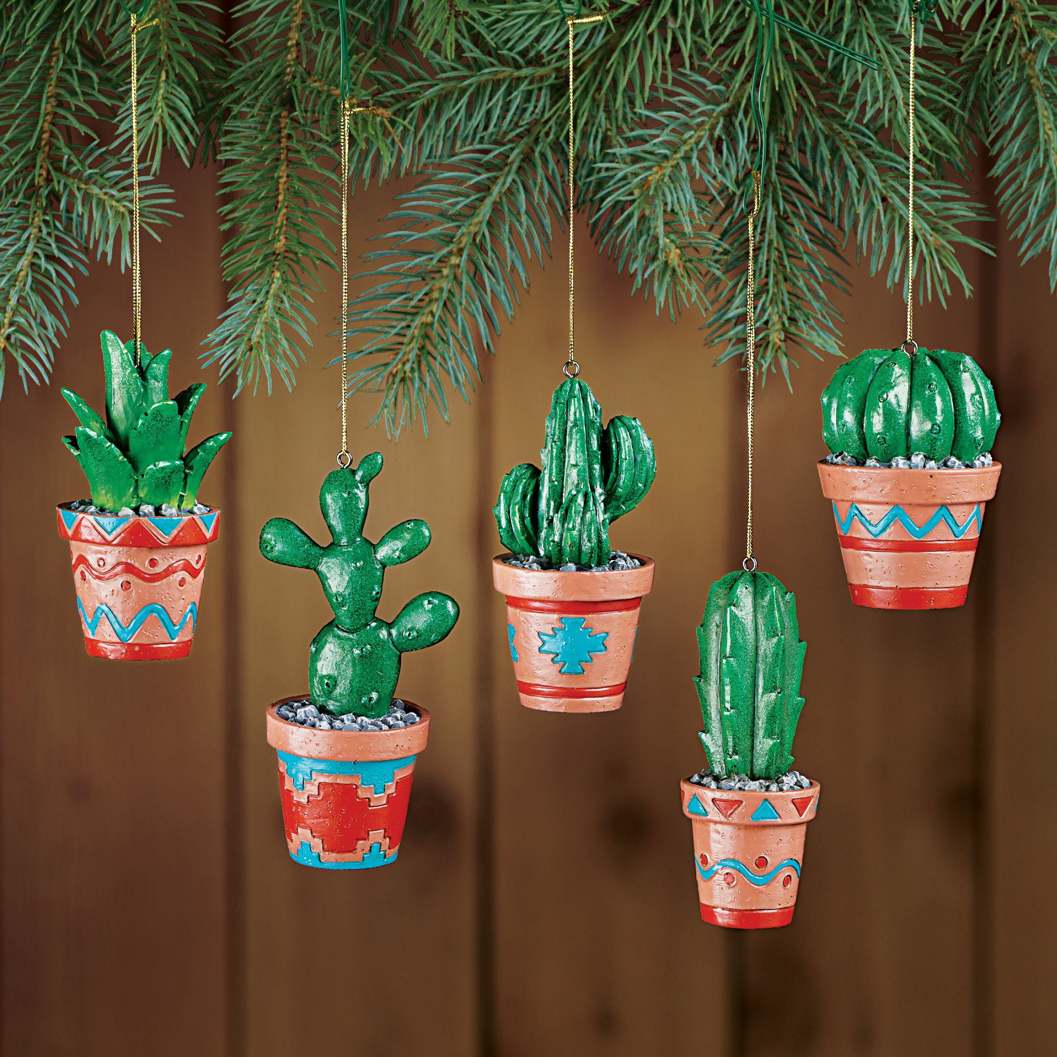Collections Etc Southwestern Cactus Ornaments Set - Detailed Aztec