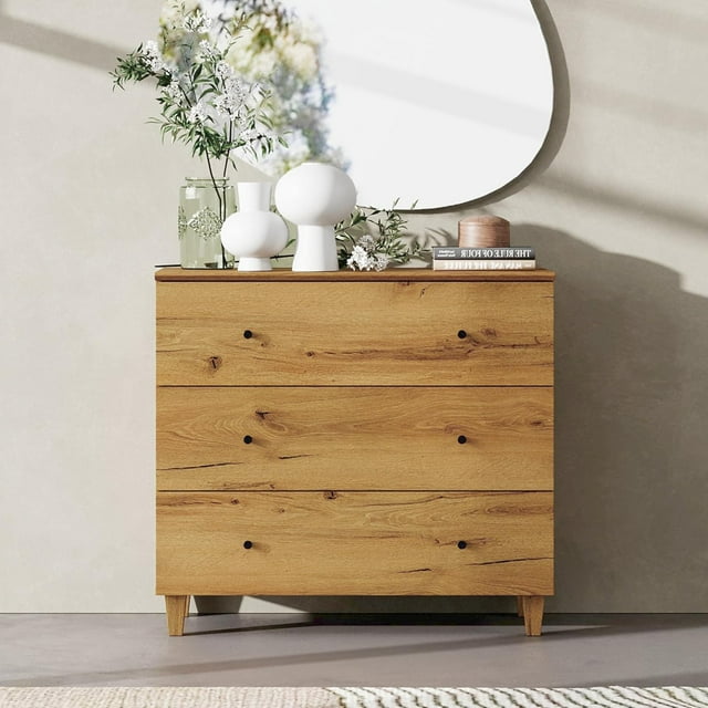 Modern 3-Drawer Dresser - 35.4" Wide Bedroom Storage Organizer for Living Room, Nursery, Hallway, and Entryway,Oak Brown