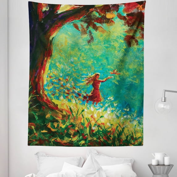 Woods Tapestry, Oil Painting of a Girl Releasing a Bird in a Forest or a Meadow During Fall Season, Fabric Wall Hanging Decor for Bedroom Living Room Dorm, 5 Sizes, Multicolor, by Ambesonne