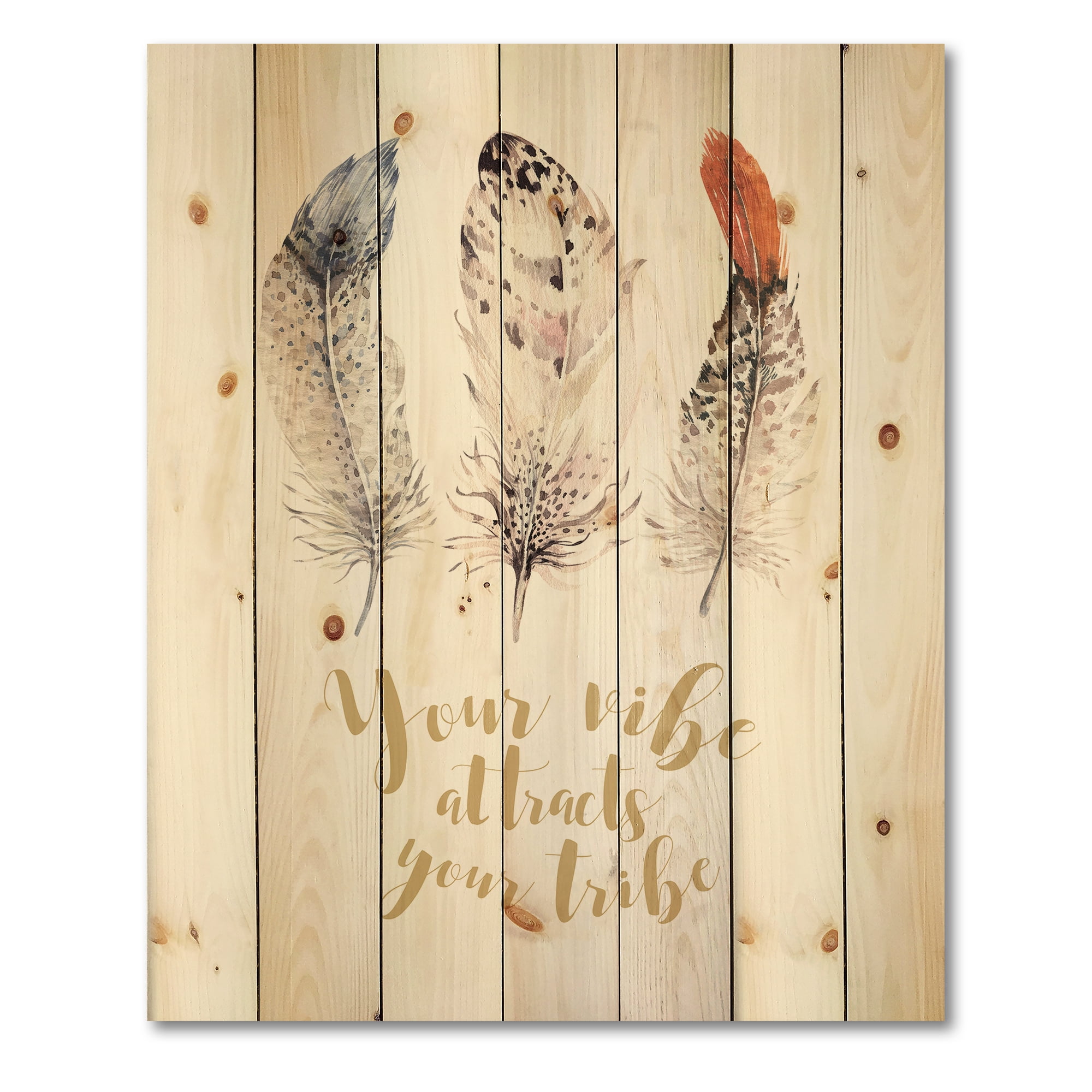 Designart 'Your Vibe Attracts Your Tribe Ethnic Feathers II' Bohemian & Eclectic Print on Natural Pine Wood