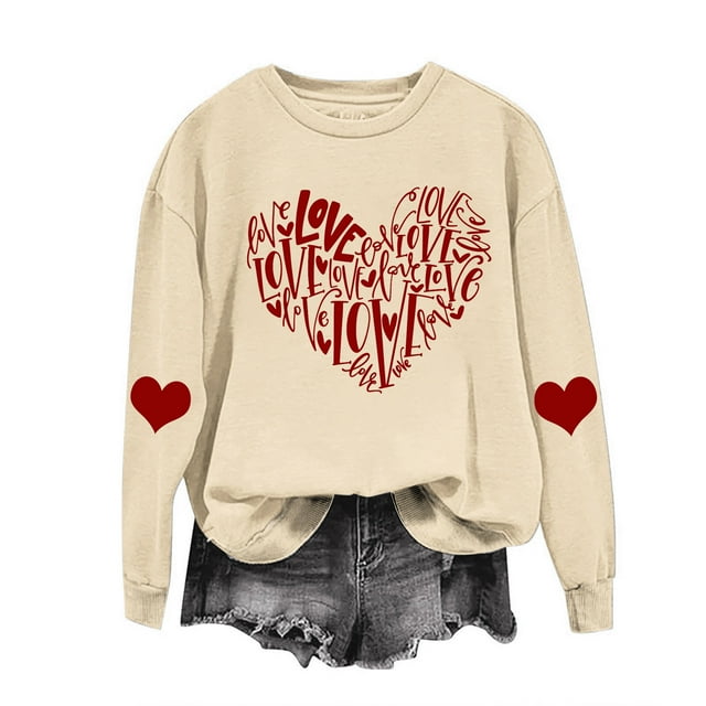 RKSTN Chandail en Molleton de la Saint-Valentin pour Femmes Imprimé Cœur d'Amour Couleur Unie Col Rond Manches Longues Blouse Ample