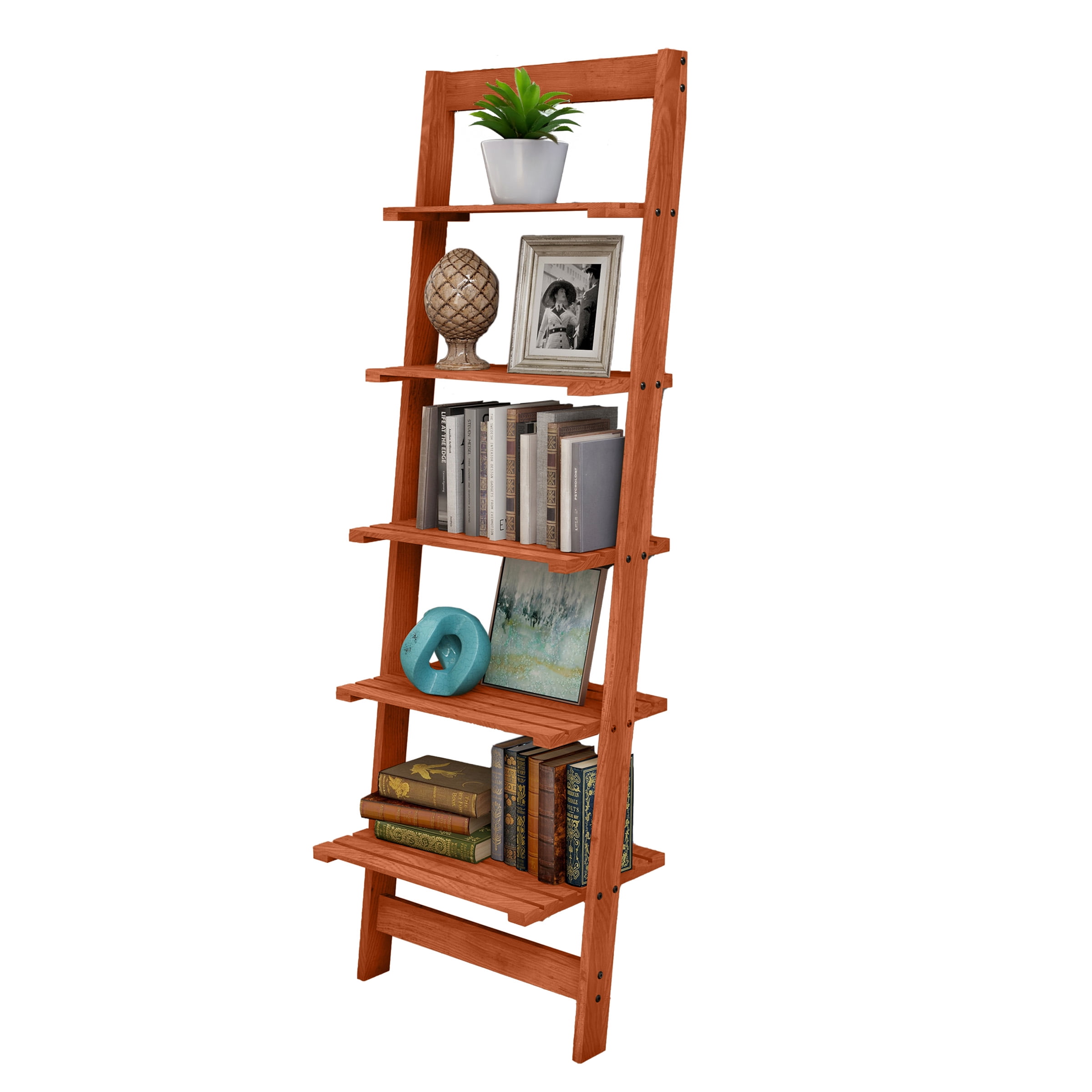 Lavish Home Cherry Finish 5-Tier Slatted Wood Leaning Ladder Shelf, Narrow Storage Bookcase
