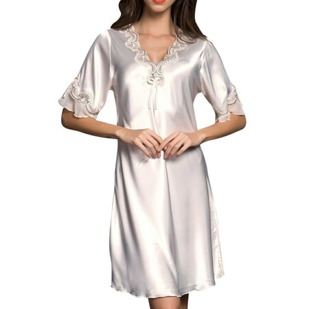 

Womens Lingerie Short Sleeve Silk Lace Nightdress Sleepwear Nightwear Ladies Babydoll Pajamas Robe Dress