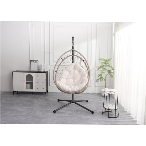 JERFIT Outdoor Hanging Egg Chair with Stand, 350lb Capacity Beige Patio Swing for Garden, Porch, Balcony or Indoor Lounge