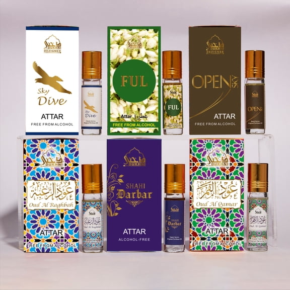 Dukhni Mixed Attar Oil Set Arab perfume oils for men and women | 6 assorted scents x 6ml | Arabian oud oil fragrances | Sampler Gift set, Halal & Vegan Islamic Scents…