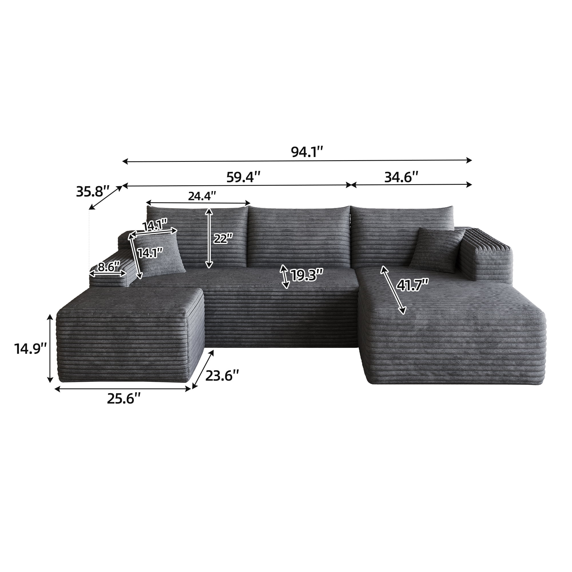 Cloud Sectional Sofa 95-Inch with Ottoman and U-Shaped Modular Design, Corner Couch and Deep Seat Living Room Set, No Assembly Required, Dark Gray