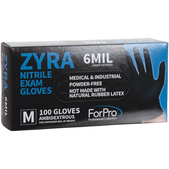ForPro ZYRA Nitrile Exam Gloves, Medical & Industrial Grade, Powder-Free, Latex-Free, Non-Sterile, Food Safe, 6 Mil, Black, Medium, 100-Count