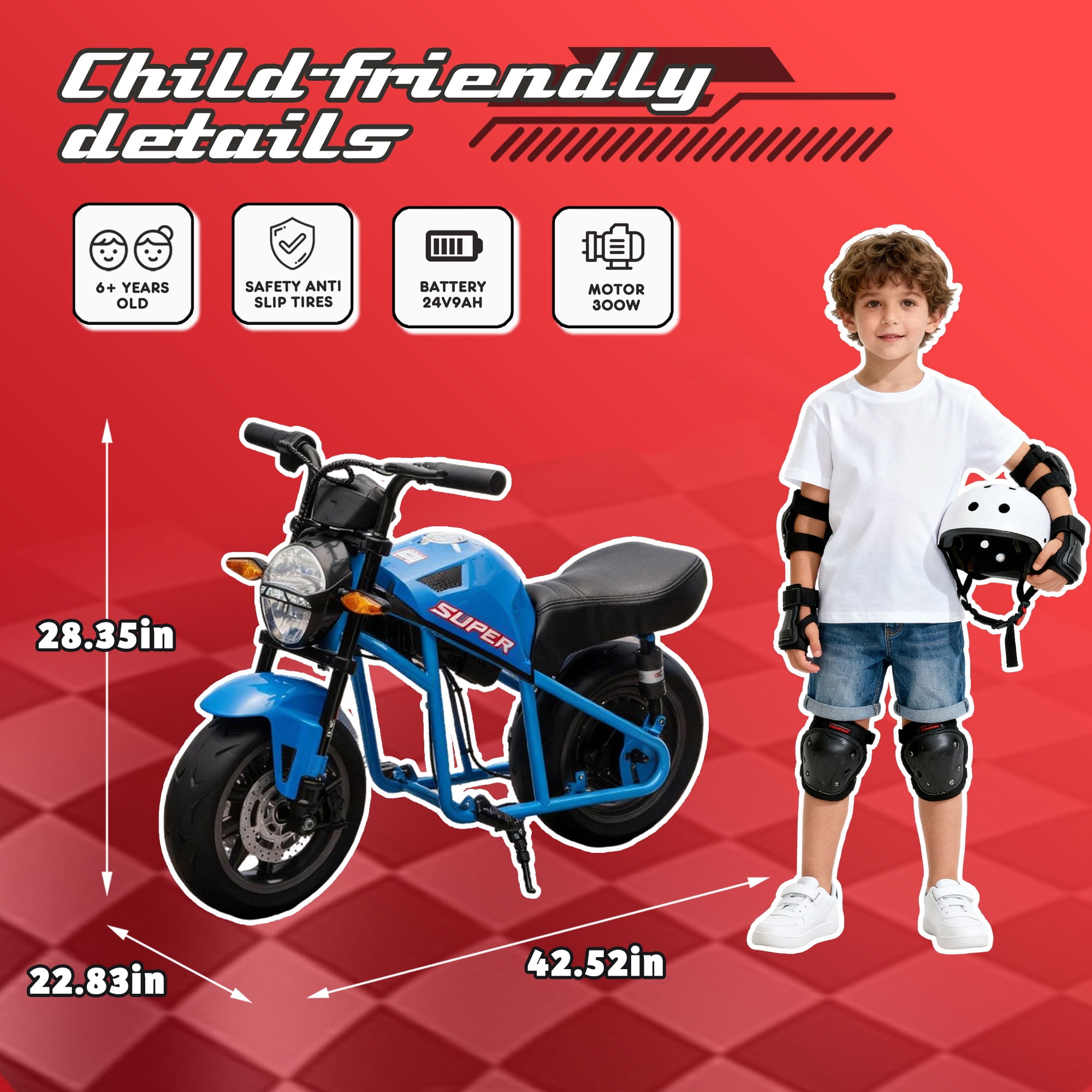 Aezusy 24V Electric Motorcycle for Kids, 300W Ride On Electric Dirt Bike 14in Widen EVA Wheels Muscle Motorcycle Toy for Kids 6+, Blue
