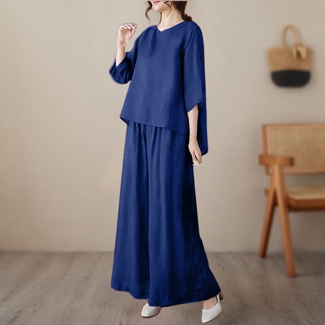 Womens pajama sets Two Breathable Cotton And Linen Tops Loose And Wide Leg Pants Set XXXXL