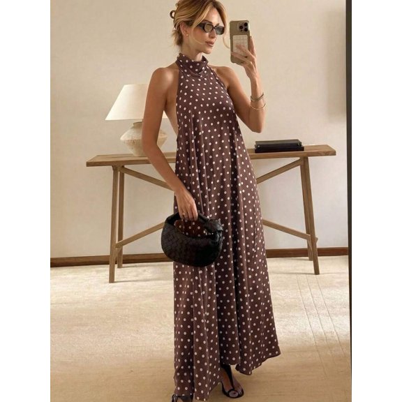 Womens Brown Polka Dot Sleeveless High Neck Maxi Dress, Loose Flowy Casual Summer Beach Vacation Sundress