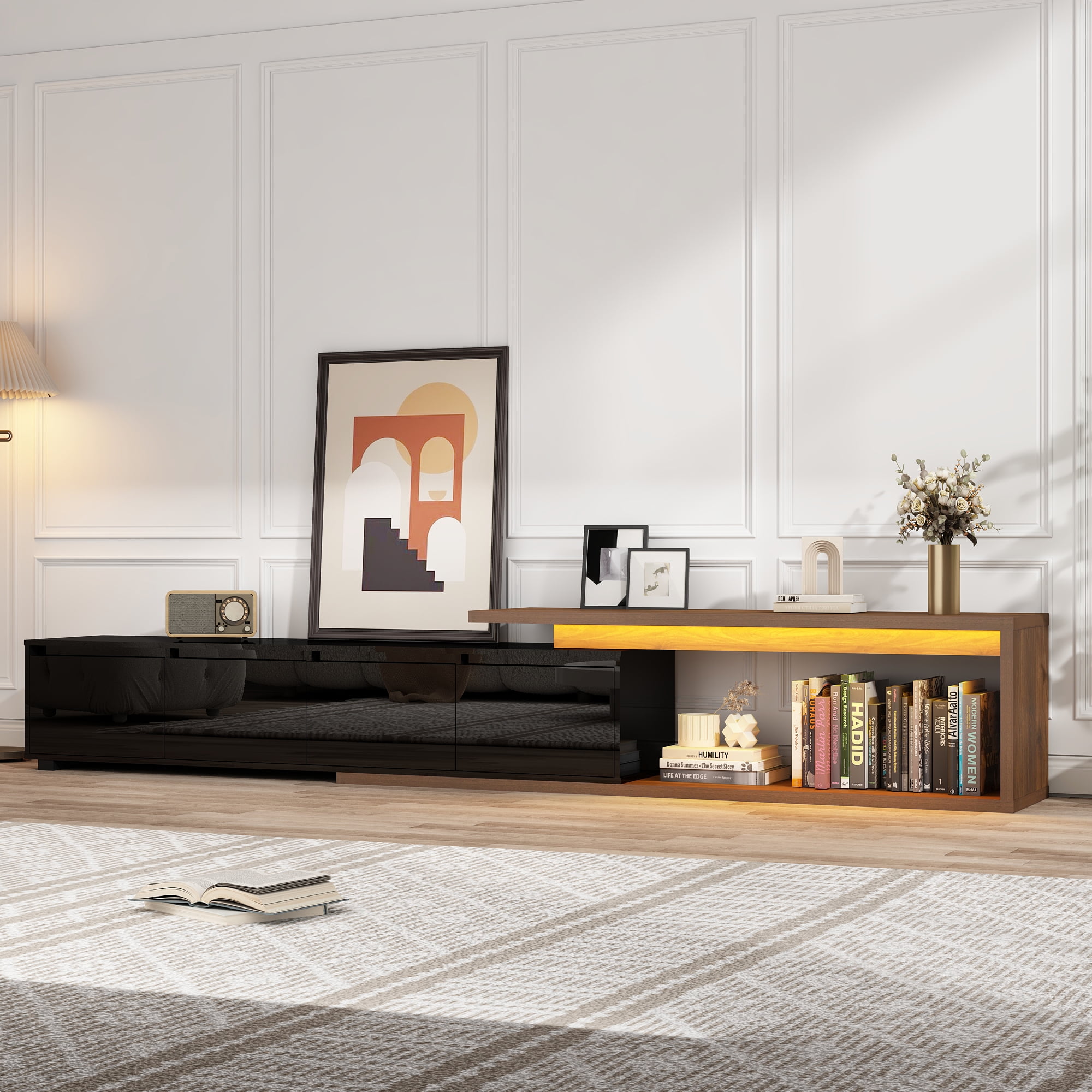 ANPOO Extendable TV Stand Cabinet with Drawers & LED Light, High Gloss Modern Minimalist Entertainment Center for Up to 120" TV, Reversible Extra Long TV Media Console, Black & Walnut