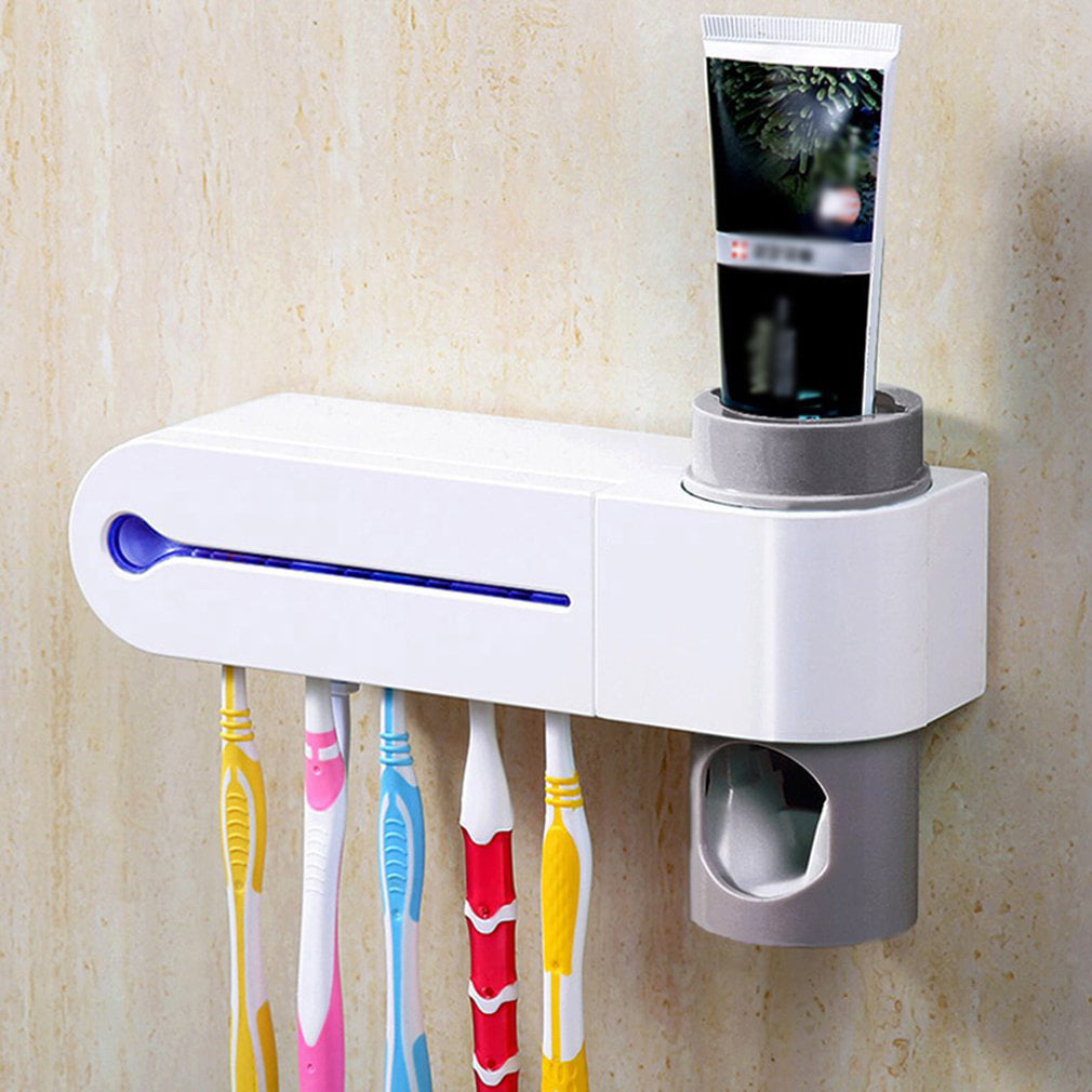 2-in-1 UV Toothbrush Disinfection Rack Holder Toothpaste Dispenser Wall Mounted 