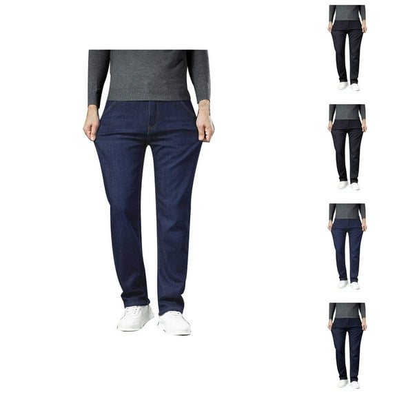 Lined Jeans for Men Winter Warm Slim Fit Straight Leg Stretchy Casual Long Denim Pants with Pockets Trousers