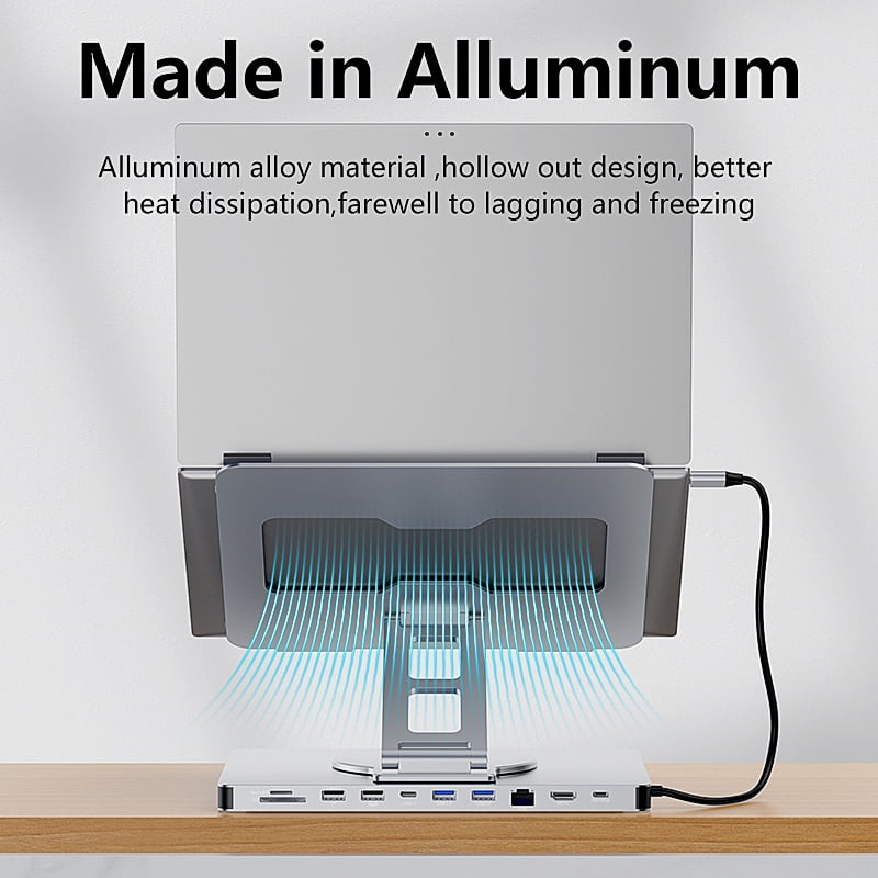 10-in-1 Aluminum iPad Holder & Docking Station, 4K 60Hz USB-C Hub, 5Gbps USB 3.0, 100W PD Charger for Laptop/Desktop