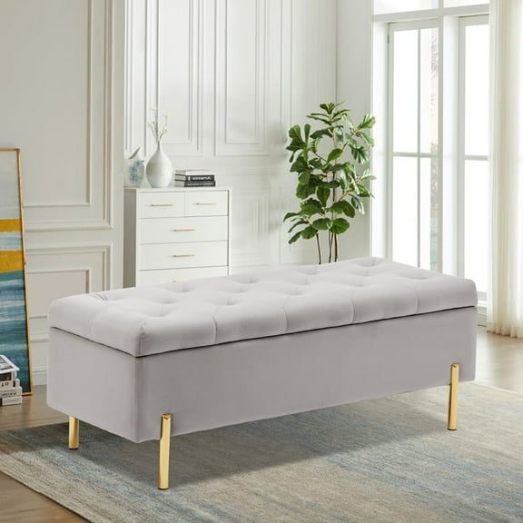 Rongbuk Velvet Storage Bench Ottoman with Soft Close Lid, Gray, 34.6 lb