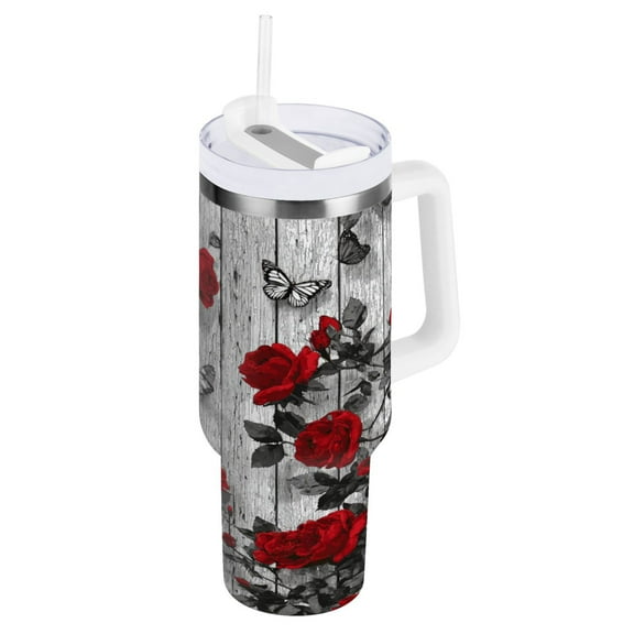 Stainless Steel Tumbler with Straw and Handle, Double Wall Insulated Tumblers, Red Roses and Butterflies