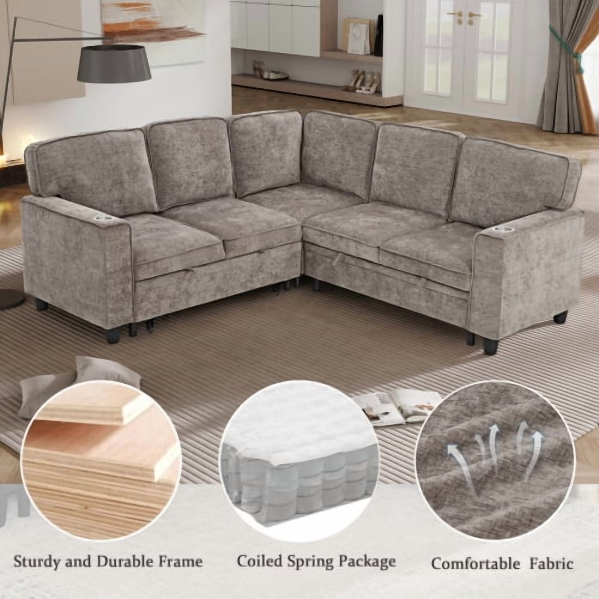 81" L-Shaped Sectional Sofa Bed with Pull Out Sleeper & Storage Seat, 5-Seat Convertible Couch with USB & Type-C Ports, Light Brown