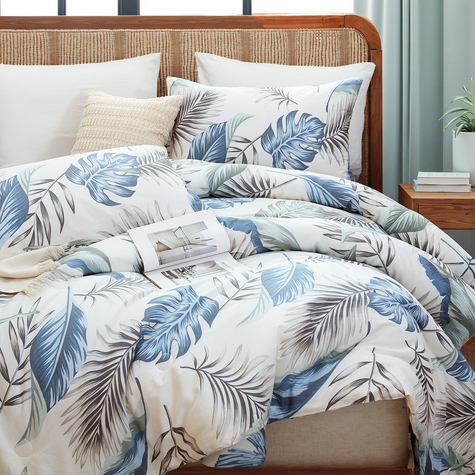 100% Cotton Comforter Set Queen Size, Botanical Floral Comforter with 2 Pillowcases, Vintage Garden Flowers Pattern, Soft Breathable Bedding for All Seasons